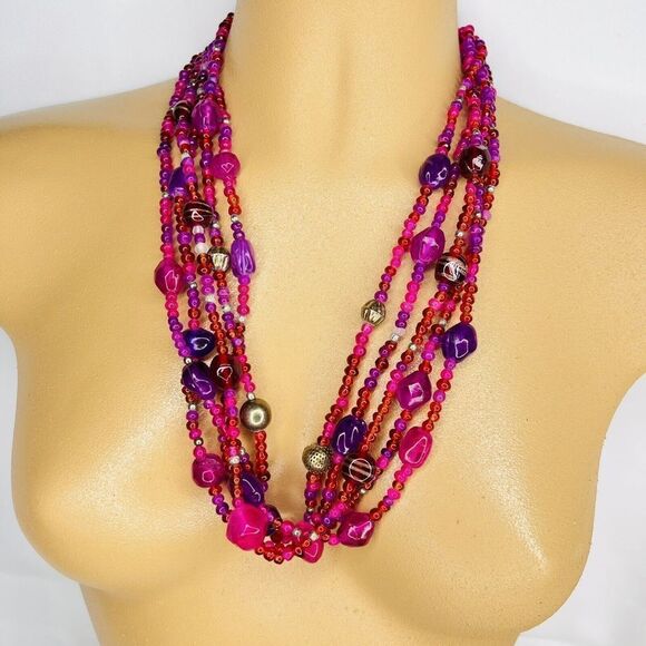 Vintage Multi Strand Glass Lucite Necklace Glass Purple Pink Shade Beads 4713 - Picture 5 of 10